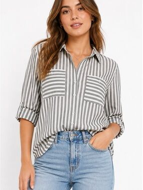Classic Gray & White Striped Button-Down Shirt